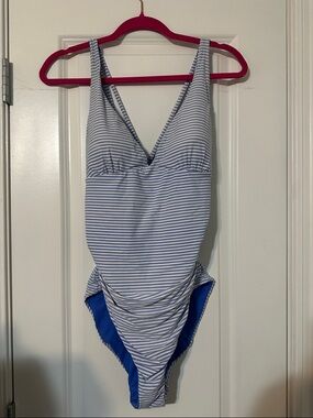 La Vie En Rose White and Light Blue Striped One-Piece Reversible Swimsuit